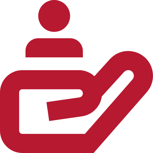Eine rot gefärbte Hand trägt und schützt eine angedeutete Person.