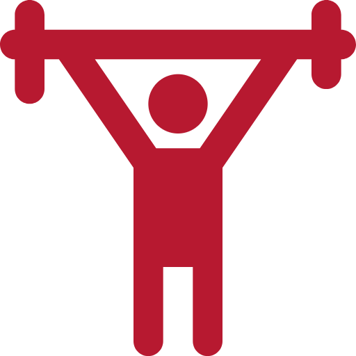 Rotes Symbol einer Person, die eine Langhantel über ihren Kopf stemmt.
