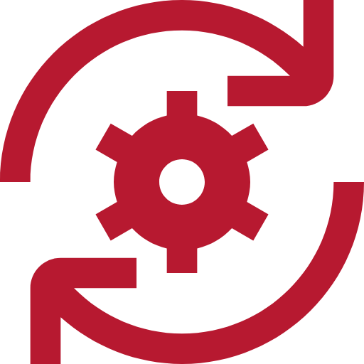 Rotes Symbol eines Zahnrades mit zwei Pfeilen, die es kreisförmig umrunden.