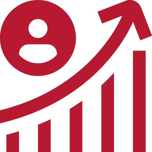 Rotes Symbol eines Graphen, der sich steil nach oben bewegt. Klein daneben ist eine Person in einem roten Kreis zu sehen, die die Kurve nach oben begleitet.