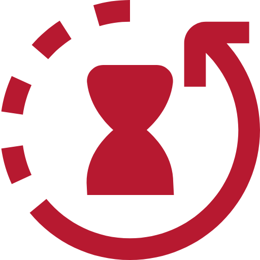 Rotes Symbol einer Sanduhr mit einem Pfeil, der kreisförmig um sie herum läuft.