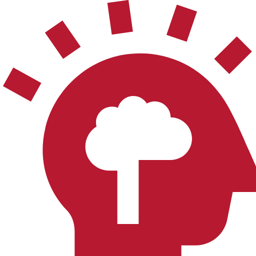 Rotes Symbol eines Kopfes, der von der Seite abgebildet ist. Im Kopf ist ein weiß ausgeschnittenes Gehirn zu sehen