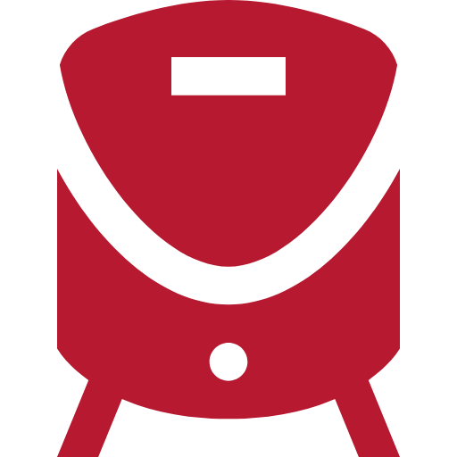 Rotes Symbol einer Frontalansicht eines Zuges, der sich auf Schienen nach vorne bewegt.