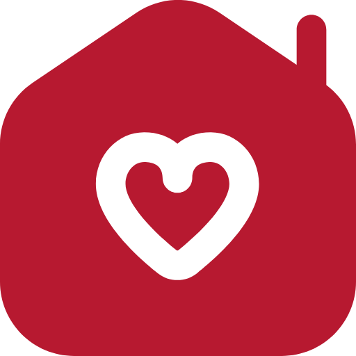 Rotes Symbol eines Hauses. Darin ist ein weiß ausgeschnittenes Herz zu sehen.