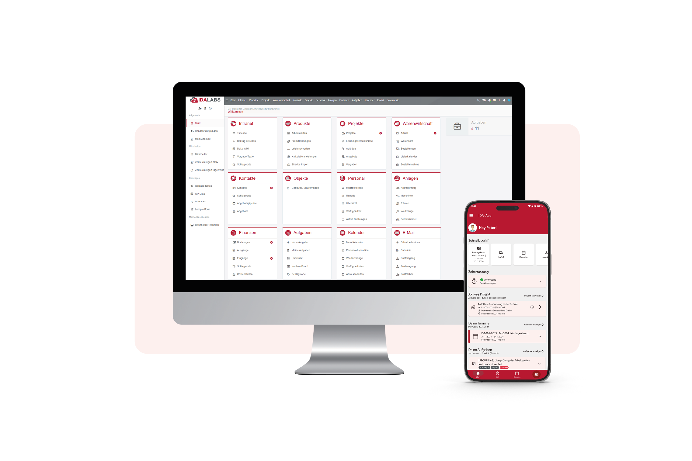 Auf einem Computerbildschirm und einem Smartphone sind die Benutzeroberflächen des IDA-ERP-Systems und der IDA-App zu sehen.