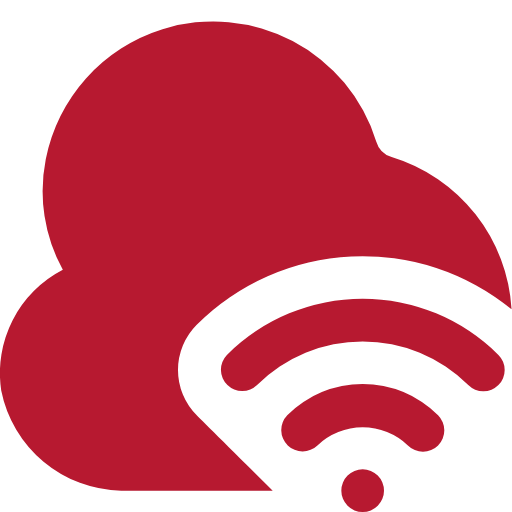 Auf einer roten Wolke ist ein WLAN-Symbol mit einem Punkt und zwei Strichen zu sehen, die ein Signal andeuten.