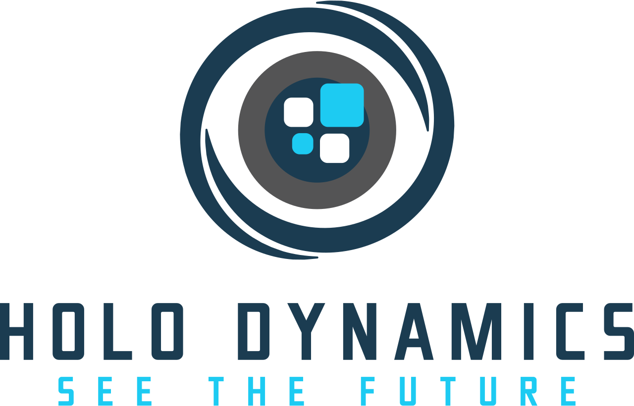 Logo von Holo Dynamics, Schriftzug in blauen Farben, mit futuristischem Design und einem Symbol für 3D-Technologie
