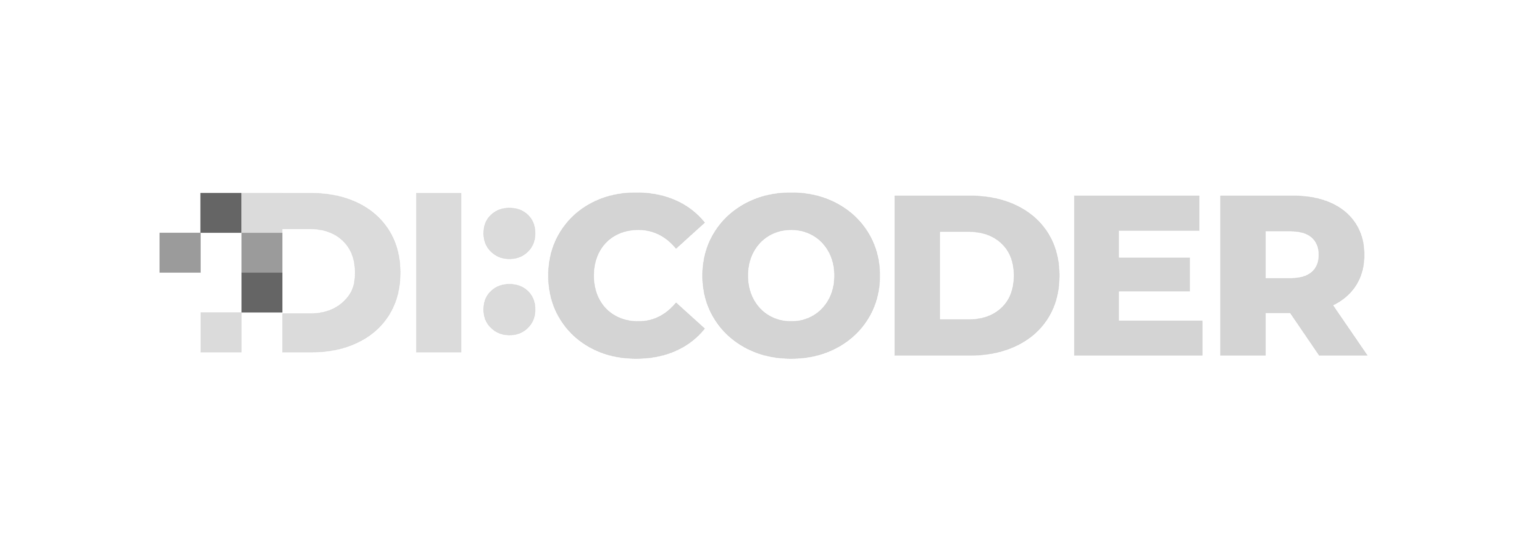 Logo von DI:CODER in modernem Schriftzug auf weißem Hintergrund. Das Logo ist in Orange und Schwarz gehalten.
