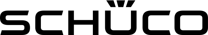 Schwarzes Logo mit dem Firmennamen „SCHÜCO“ in Großbuchstaben, modernes und schlichtes Design.