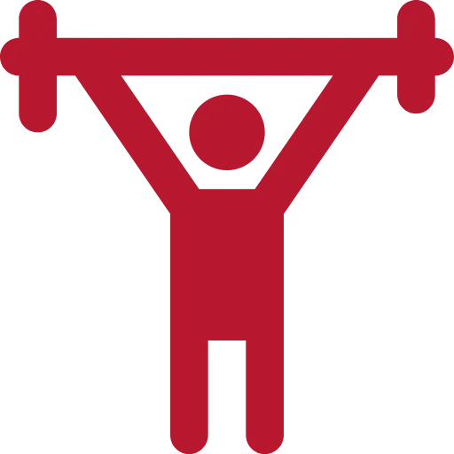 Rotes Symbol einer Person, die eine Langhantel über ihren Kopf stemmt.