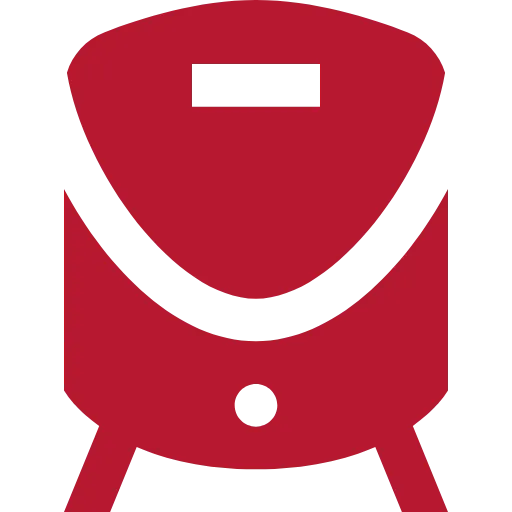 Rotes Symbol einer Frontalansicht eines Zuges, der sich auf Schienen nach vorne bewegt.