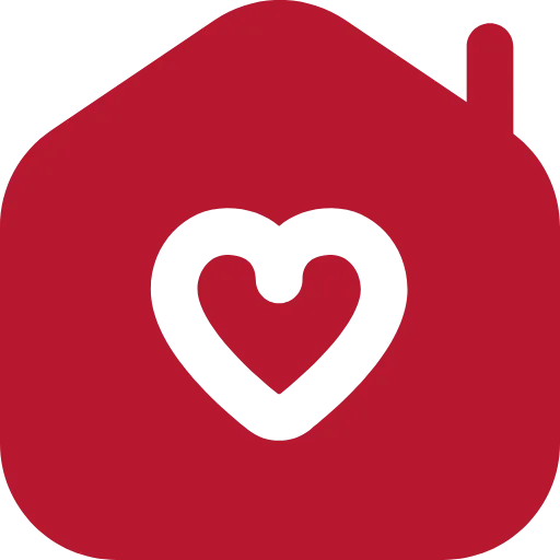 Rotes Symbol eines Hauses. Darin ist ein weiß ausgeschnittenes Herz zu sehen.