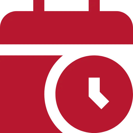 Kalender Rotes Symbol eines Kalenders mit einer Zeigeruhr im Vordergrund.