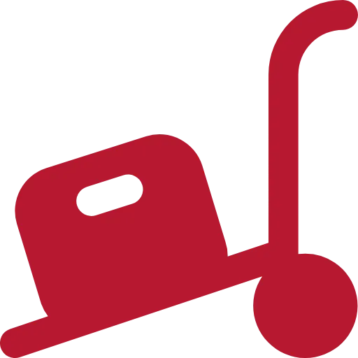 Warenwirtschaft Rotes Symbol einer Schubkarre, die ein Paket transportiert.