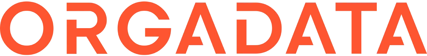 Logo von ORGADATA, Schriftzug in orange und weiß, mit geometrischen Formen