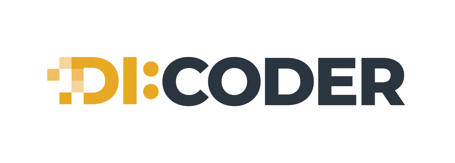 Logo von DI:CODER in modernem Schriftzug auf weißem Hintergrund. Das Logo ist in Orange und Schwarz gehalten.