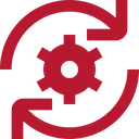 Rotes Symbol eines Zahnrades mit zwei Pfeilen, die es kreisförmig umrunden.