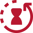 Rotes Symbol einer Sanduhr mit einem Pfeil, der kreisförmig um sie herum läuft.
