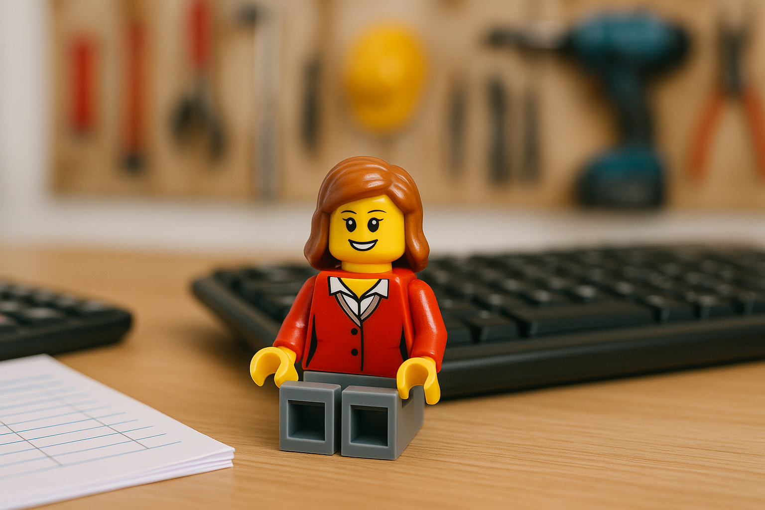 Eine Klemmbaustein-Minifigur mit rotem Blazer sitzt auf einem Schreibtisch vor Tastatur, Taschenrechner und Werkzeugwand.