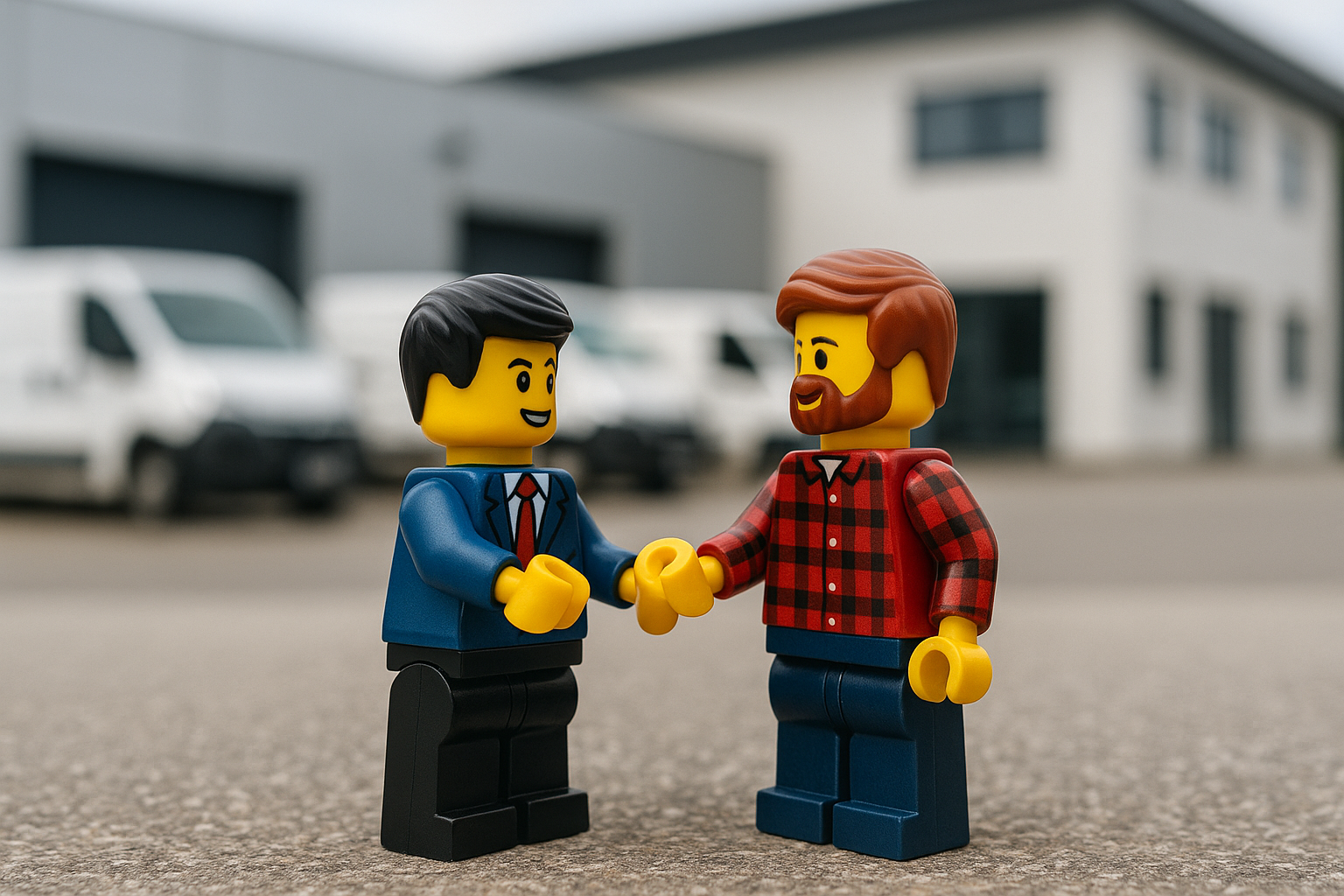 Zwei Klemmbaustein-Figuren schütteln sich auf einem Hof vor weißen Transportern die Hand; links trägt eine Figur einen blauen Anzug, rechts eine Figur ein rot kariertes Hemd und einen Vollbart.